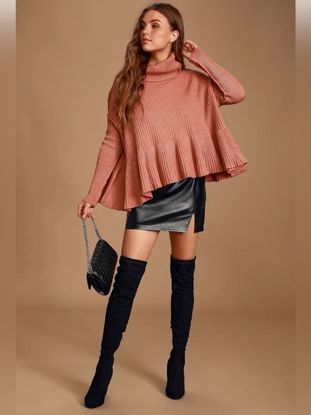 Free People Layer Cake Ribbed Turtleneck Peplum Sweater Rose Pink Size Small